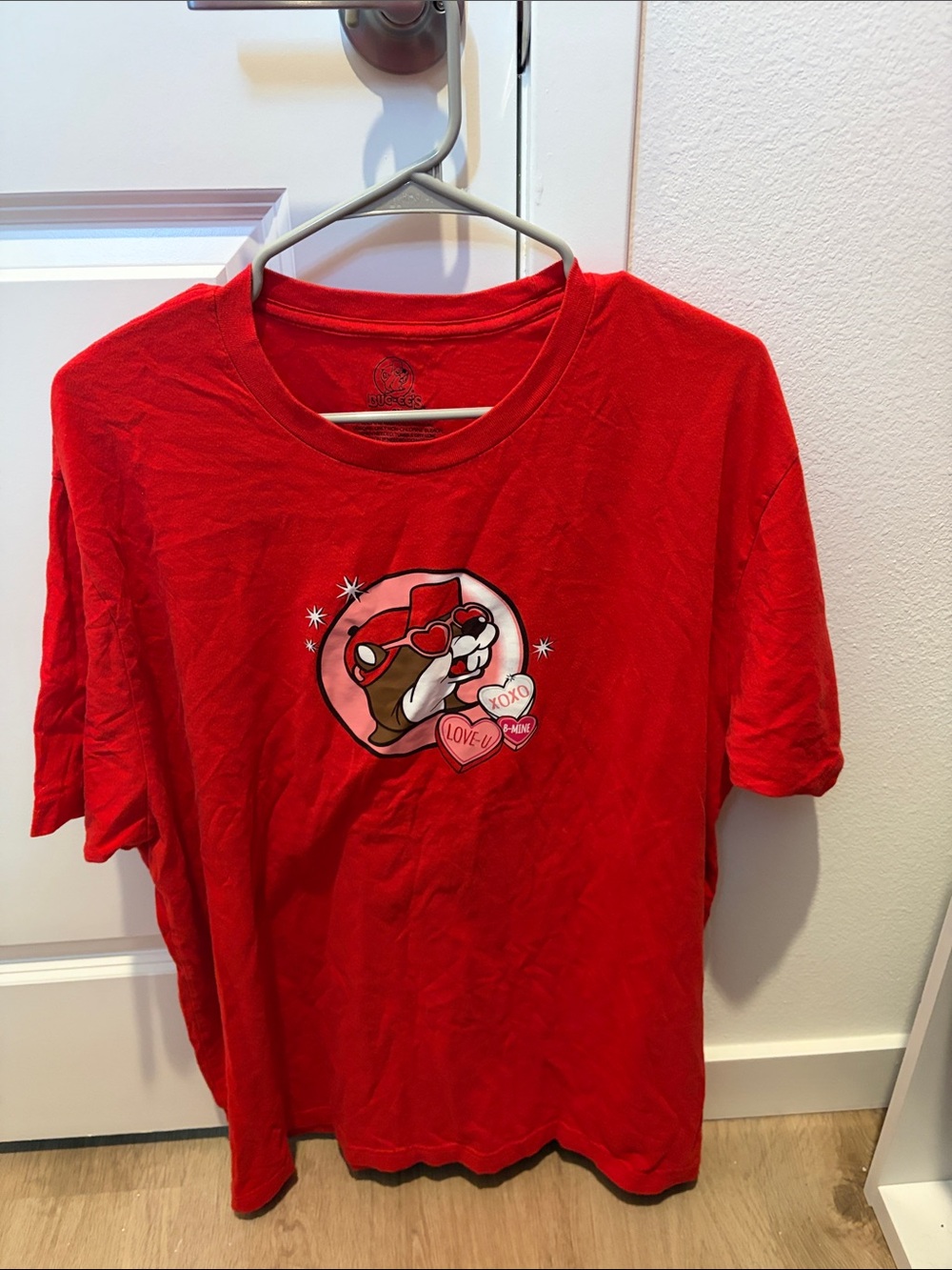 Red Short-Sleeve Graphic Tee with Heart Puppy Motif